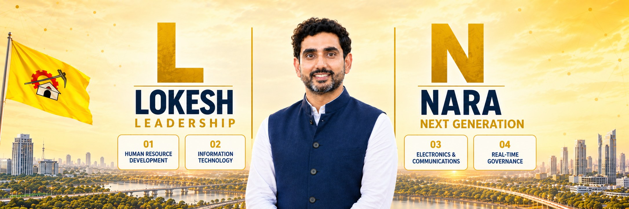 Nara Lokesh before the Amaravati skyline — L is for Lokesh, Leadership; N is for Nara, Next Generation. Human Resource Development, Information Technology, Electronics & Communications, Real-Time Governance.