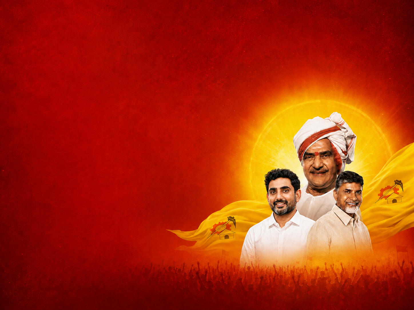 N. T. Rama Rao, Nara Chandrababu Naidu and Nara Lokesh before the party flag and a rising sun, above a crowd