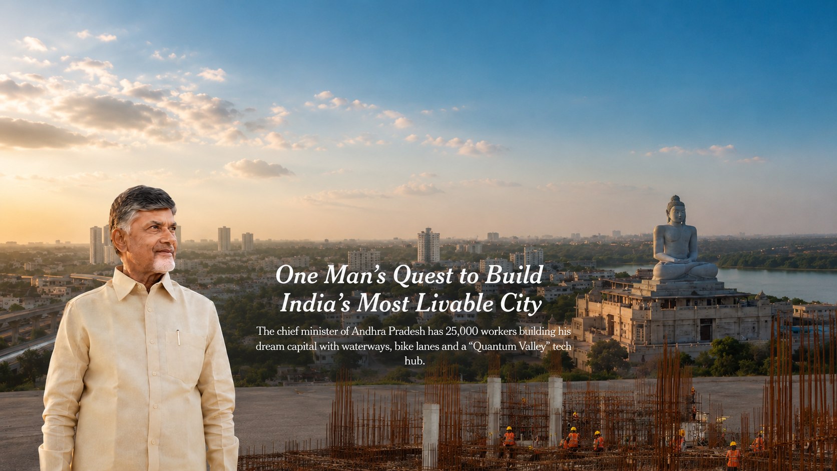 Chandrababu Naidu before the Amaravati skyline, under the headline &ldquo;One Man&rsquo;s Quest to Build India&rsquo;s Most Livable City&rdquo;