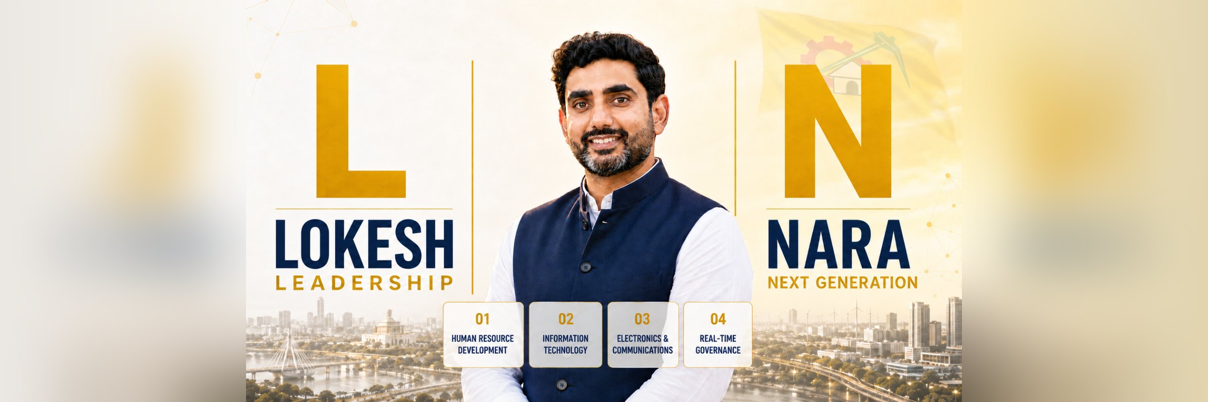 Nara Lokesh before the Amaravati skyline — L is for Lokesh, Leadership; N is for Nara, Next Generation. Human Resource Development, Information Technology, Electronics & Communications, Real-Time Governance.
